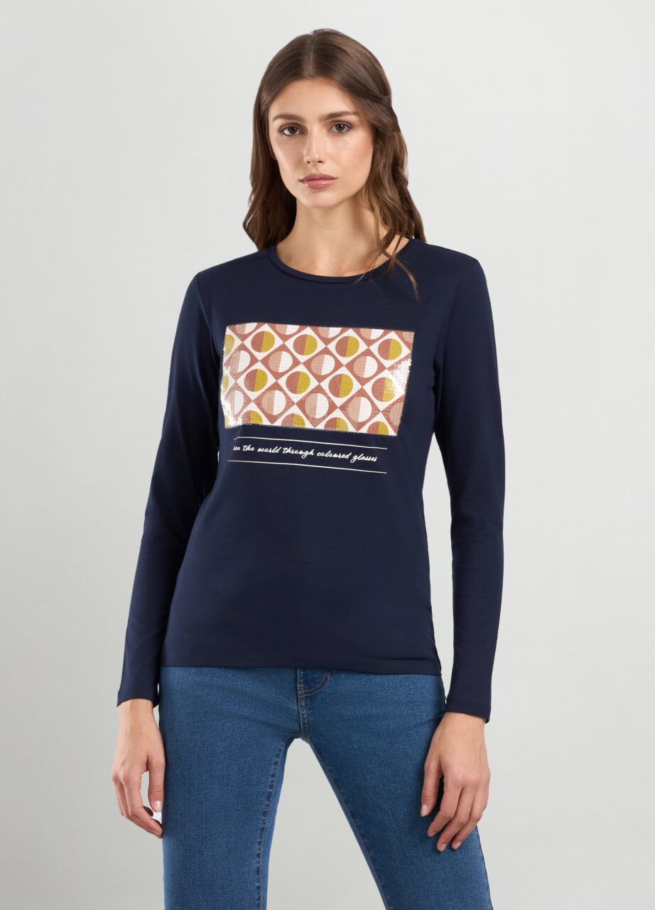 Majica od stretch pamuka s paillettes za žene